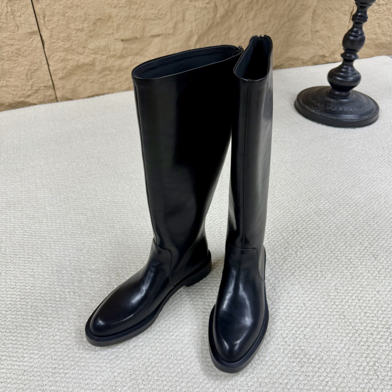 Round Toe Low Block Heel Faux Leather Tall Boots with Back Zipper