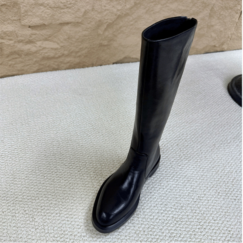 Round Toe Low Block Heel Faux Leather Tall Boots with Back Zipper