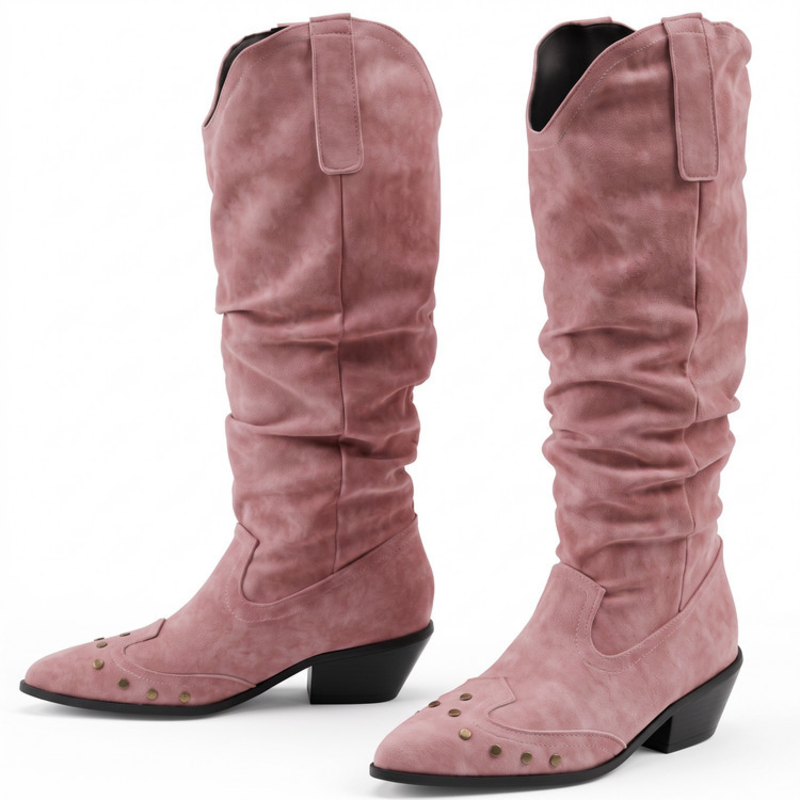 Pointed Toe Rivet Decor Faux Suede Cowgirl Boots