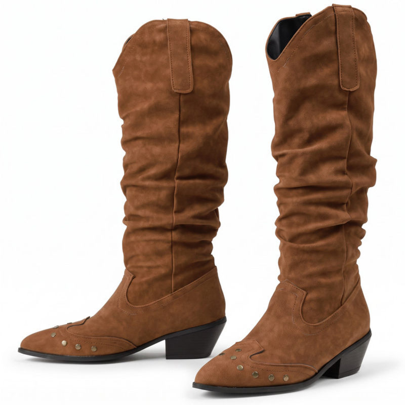 Pointed Toe Rivet Decor Faux Suede Cowgirl Boots