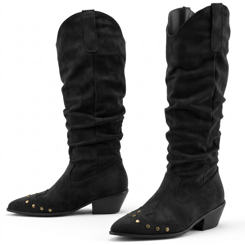 Pointed Toe Rivet Decor Faux Suede Cowgirl Boots