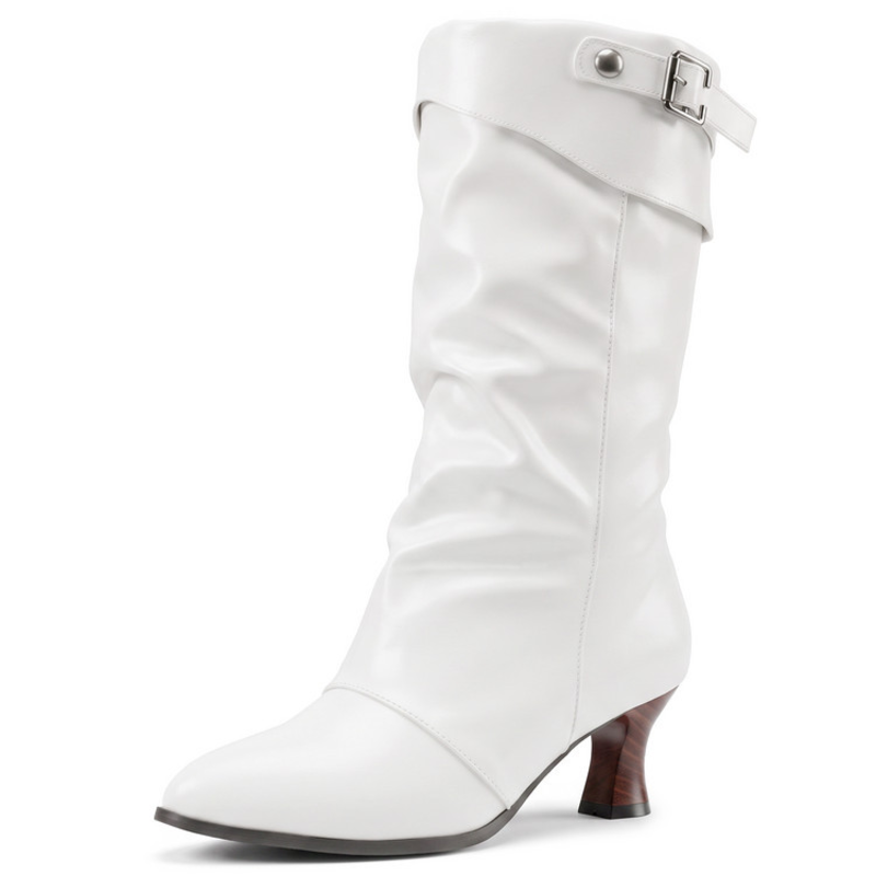 Pointed Toe Wood‑Look Curved Heel Faux Leather Tall Boots with Buckle Tab