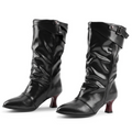 Pointed Toe Wood‑Look Curved Heel Faux Leather Tall Boots with Buckle Tab