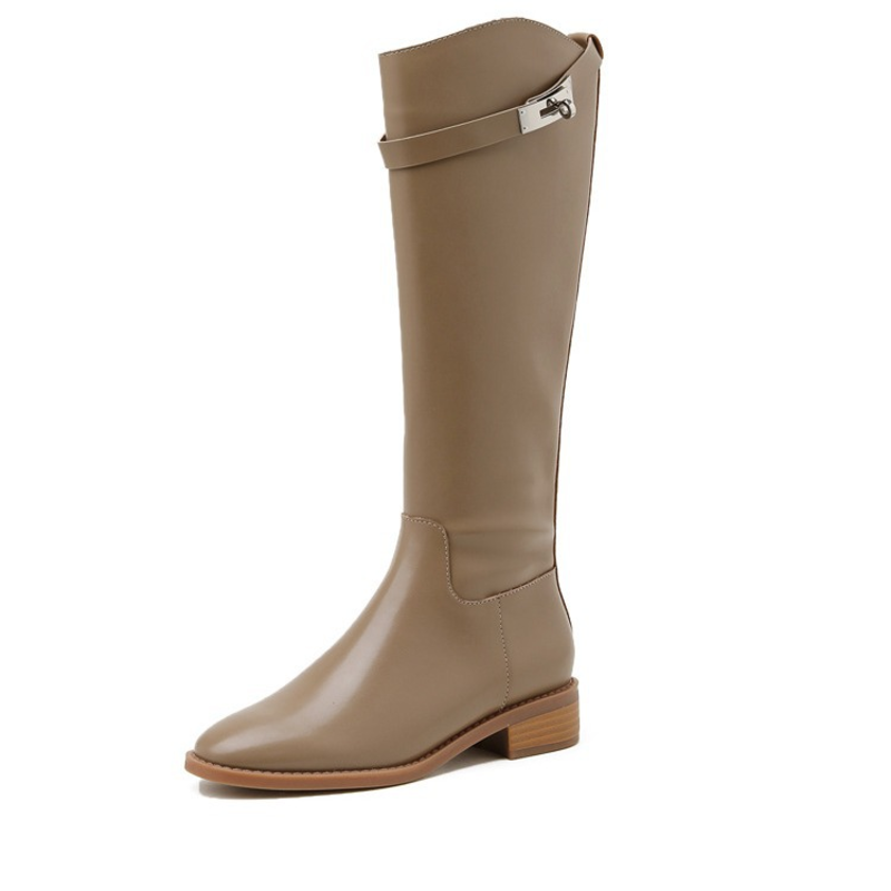 Wood‑Grain Block Heel Faux Leather Wide Shaft Tall Boots