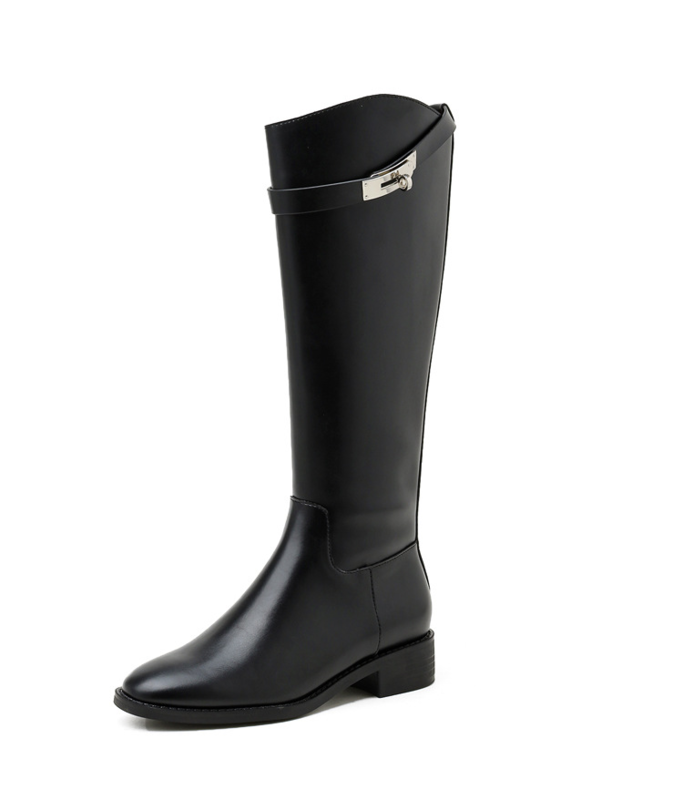 Wood‑Grain Block Heel Faux Leather Wide Shaft Tall Boots