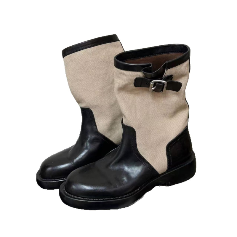 Women Two‑Tone Canvas‑Leather Mid‑Calf Boots