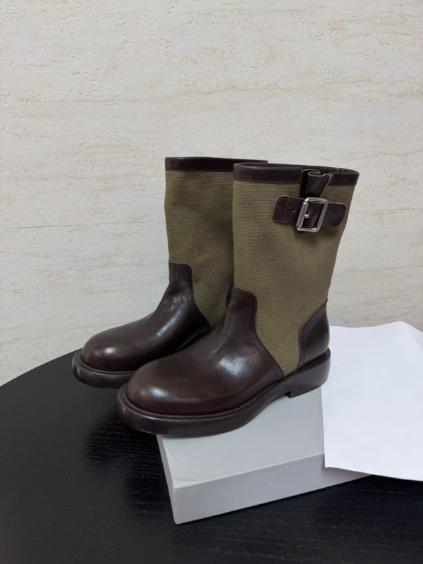 Women Two‑Tone Canvas‑Leather Mid‑Calf Boots