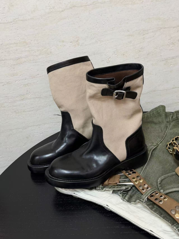 Women Two‑Tone Canvas‑Leather Mid‑Calf Boots