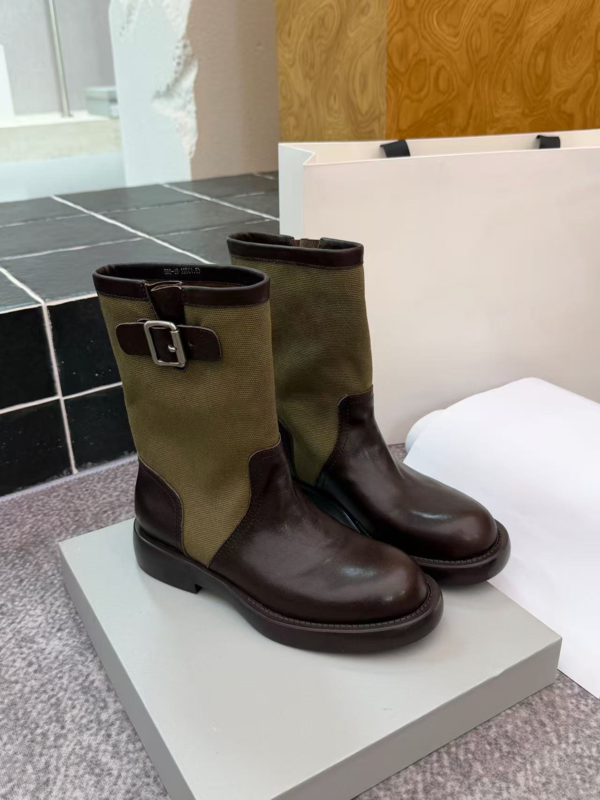 Women Two‑Tone Canvas‑Leather Mid‑Calf Boots