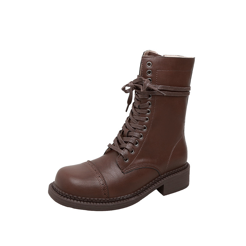 Women's Brown Lace‑Up Combat Mid‑Calf Boots