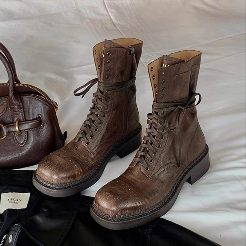 Women's Brown Lace‑Up Combat Mid‑Calf Boots
