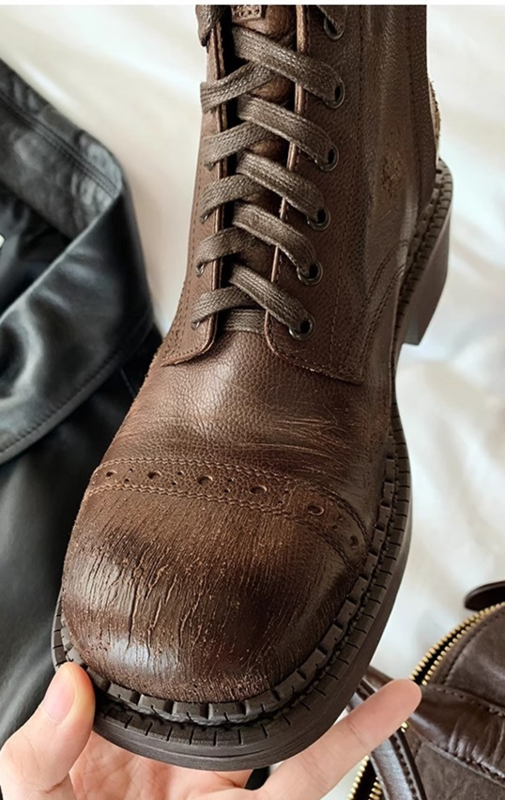 Women's Brown Lace‑Up Combat Mid‑Calf Boots
