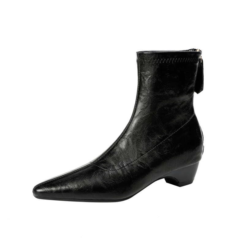 Women's Black Cracked‑Leather Pointed Toe Ankle Boots