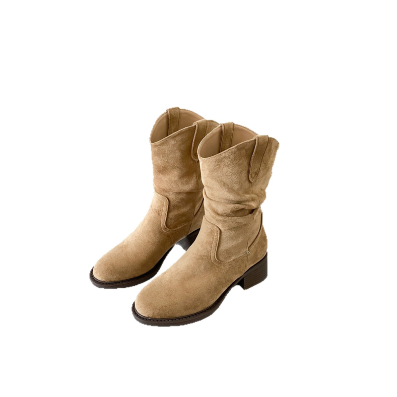 Women's Beige Slouch Western Mid‑Calf Boots