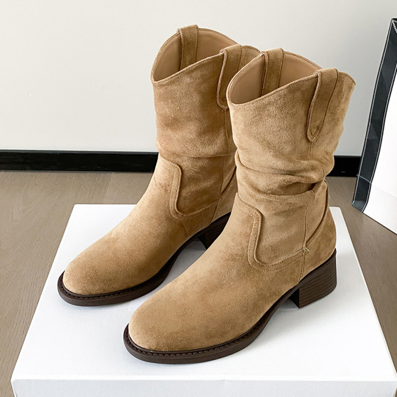 Women's Beige Slouch Western Mid‑Calf Boots