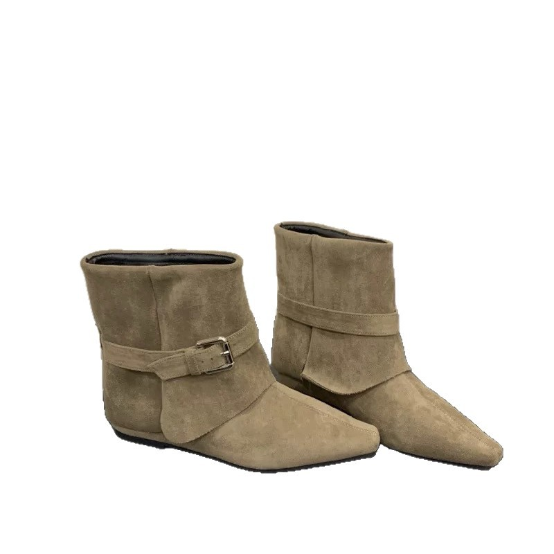 Women's Khaki Suede Pointed‑Toe Flat Ankle Boots