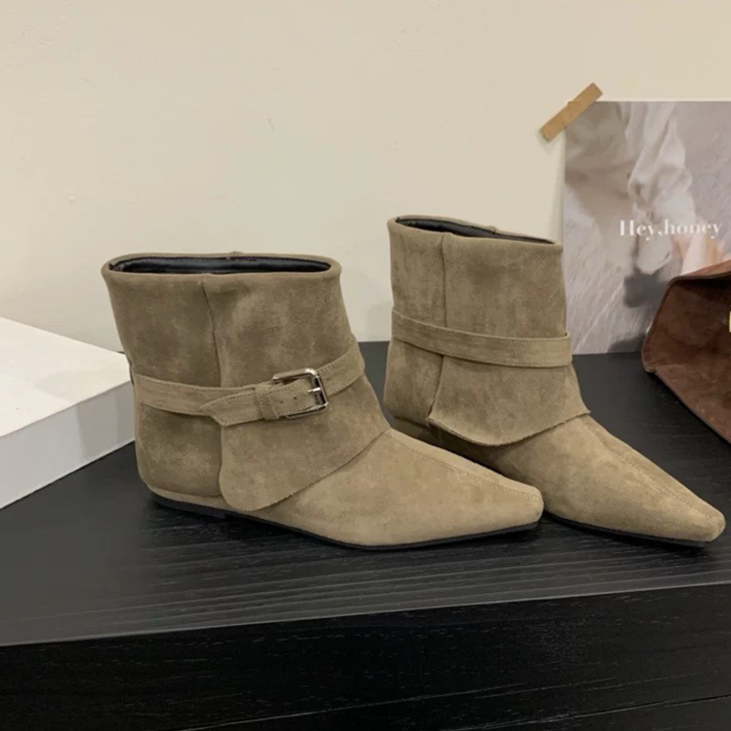 Women's Khaki Suede Pointed‑Toe Flat Ankle Boots