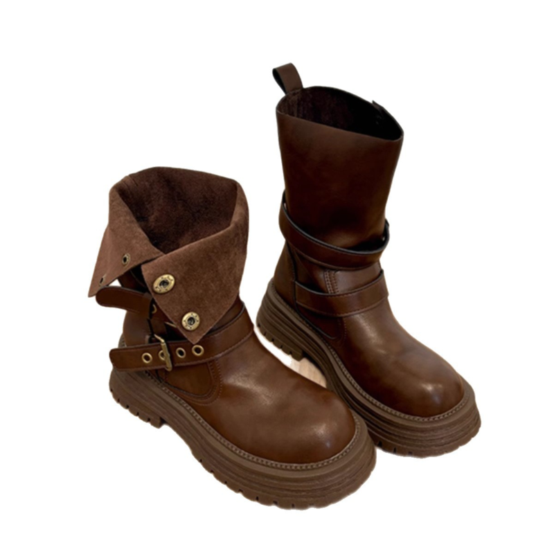 Women's Brown Convertible Cuff Platform Combat Boots
