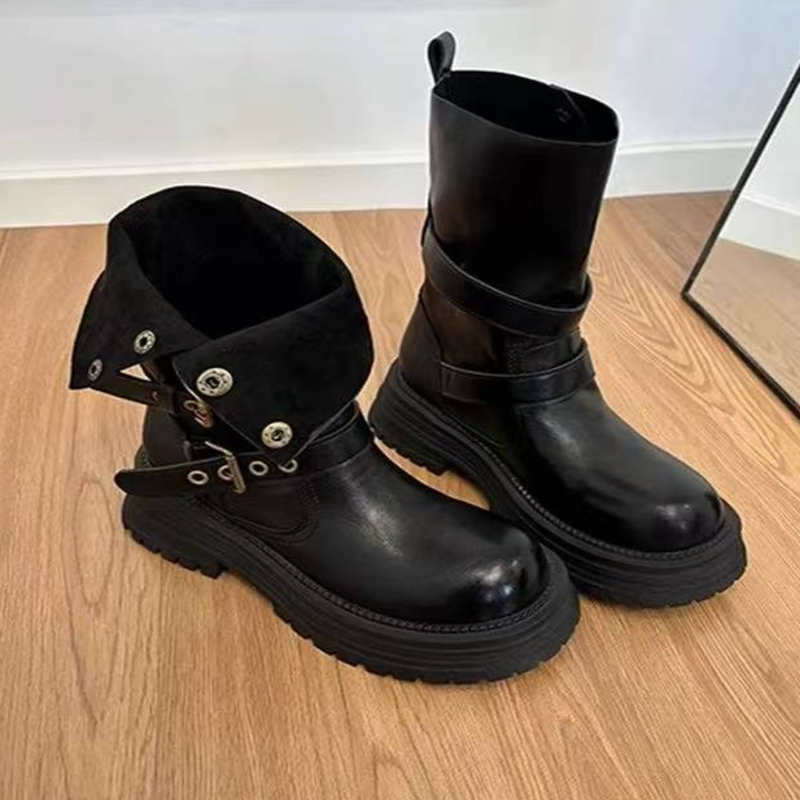 Women's Brown Convertible Cuff Platform Combat Boots