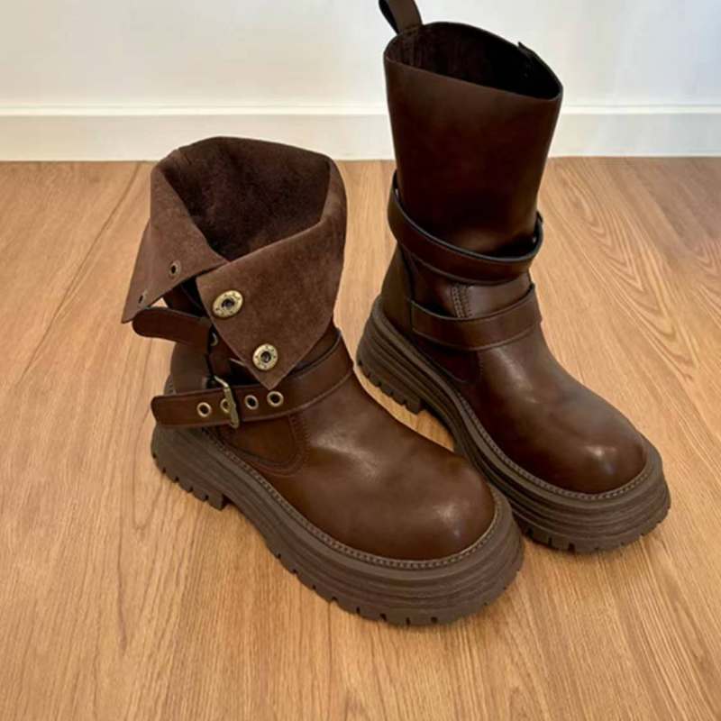 Women's Brown Convertible Cuff Platform Combat Boots