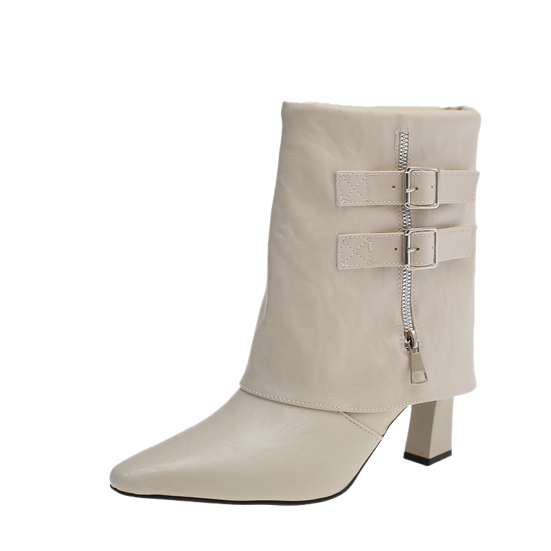 Women's Beige Buckle Slouch Ankle Boots