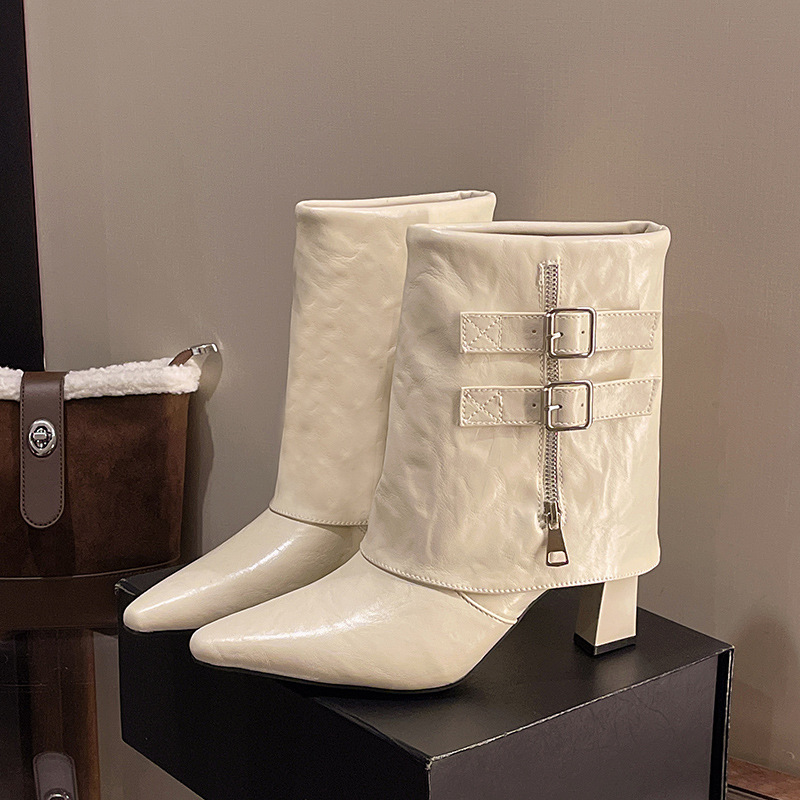 Women's Beige Buckle Slouch Ankle Boots