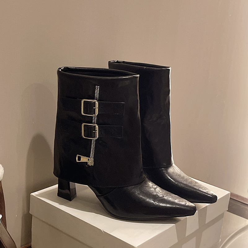 Women's Beige Buckle Slouch Ankle Boots