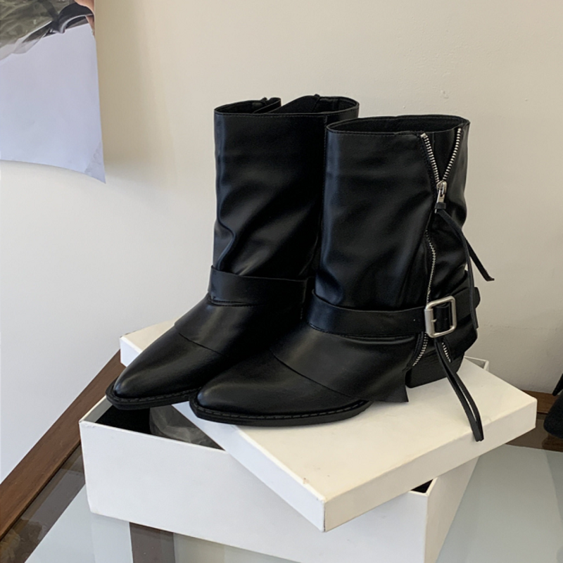 Women's Pointed Toe Buckle Slouch Ankle Boots