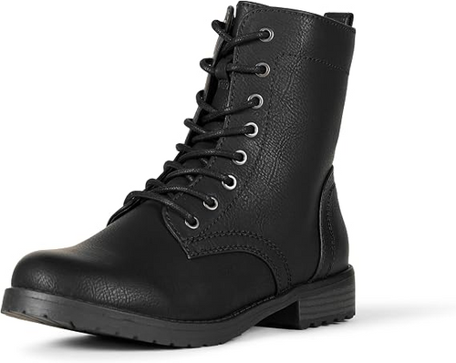 Black Faux Leather Mid-Calf Martin Boots with Side Zipper