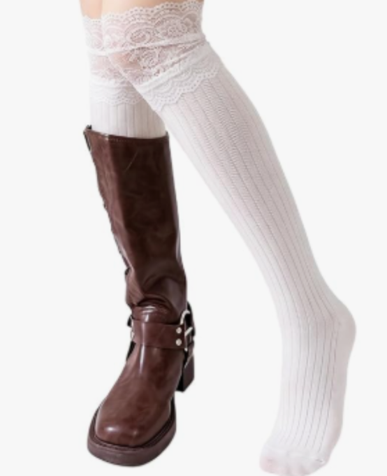 Women Lace Top Over the Knee Slouch Socks（3 pairs）