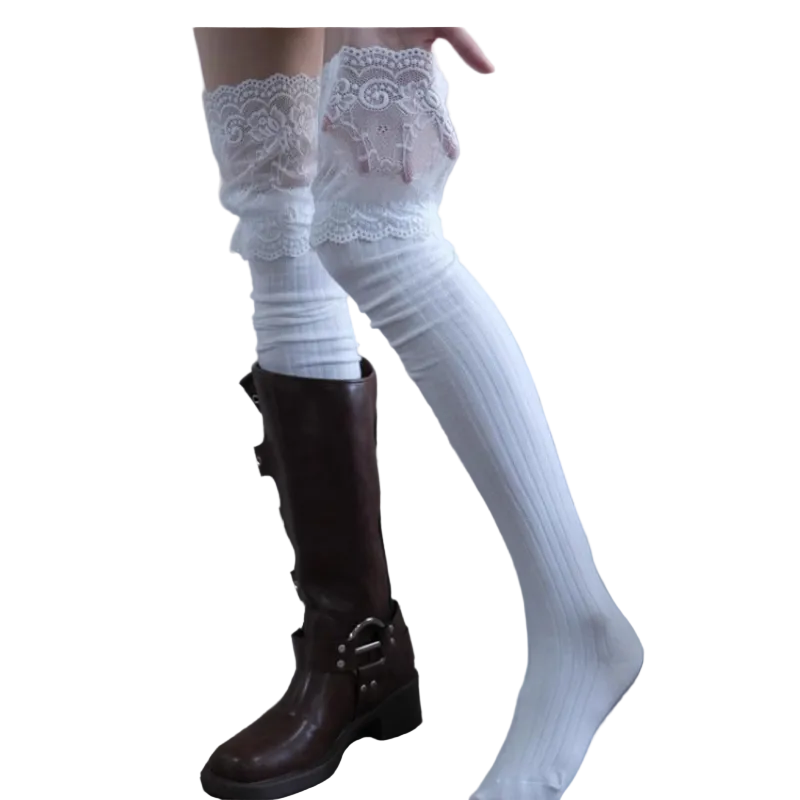 Women Lace Top Over the Knee Slouch Socks（3 pairs）