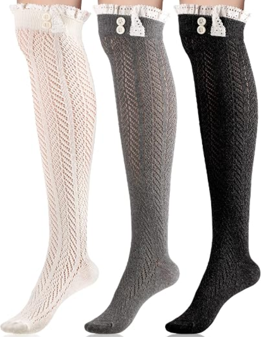 Ruffled Cuff with Decorative Buttons, Vintage Calf Socks for Tall Boots（3 Pairs）