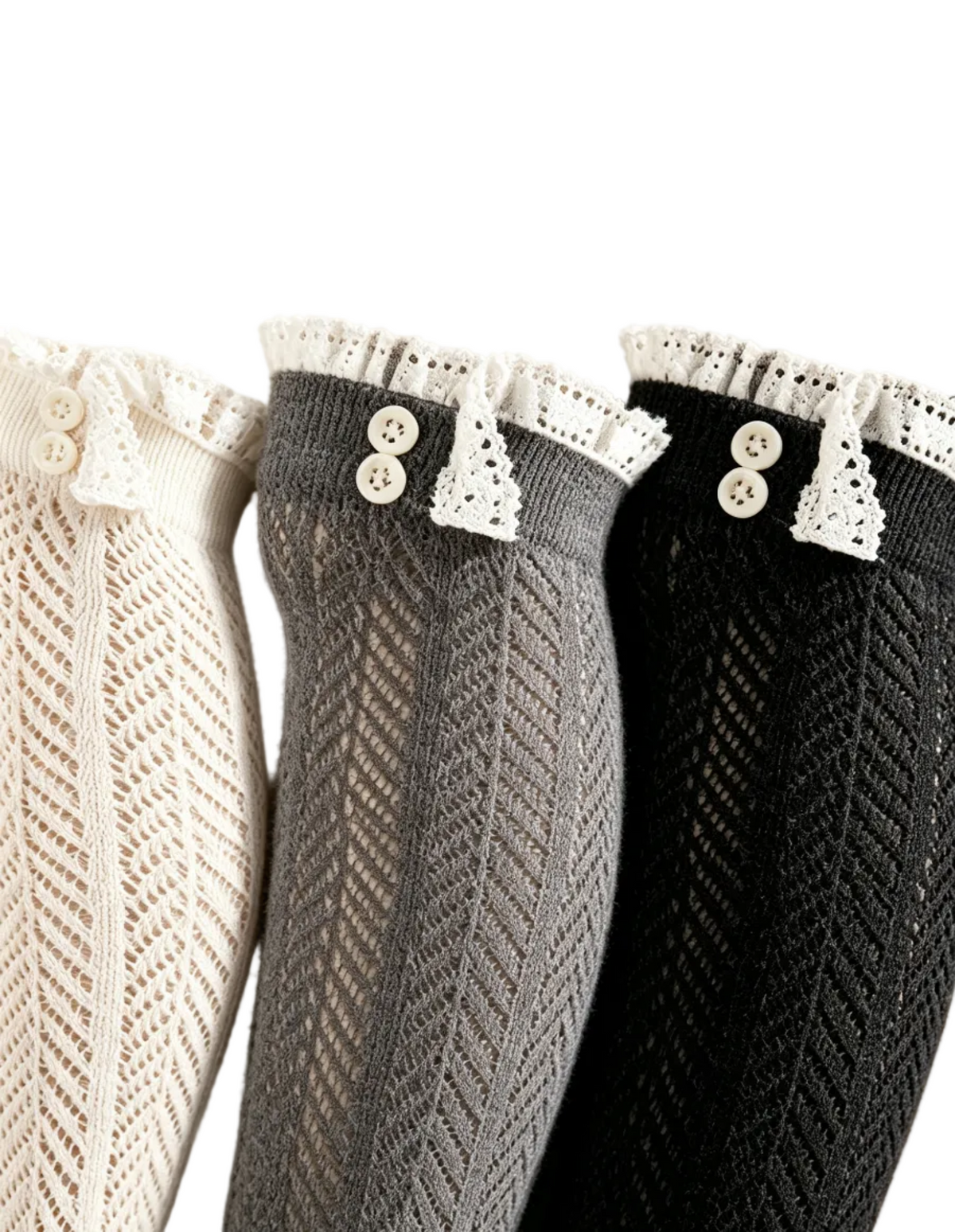 Ruffled Cuff with Decorative Buttons, Vintage Calf Socks for Tall Boots（3 Pairs）