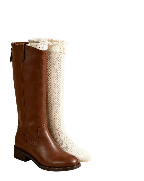 Ruffled Cuff with Decorative Buttons, Vintage Calf Socks for Tall Boots（3 Pairs）