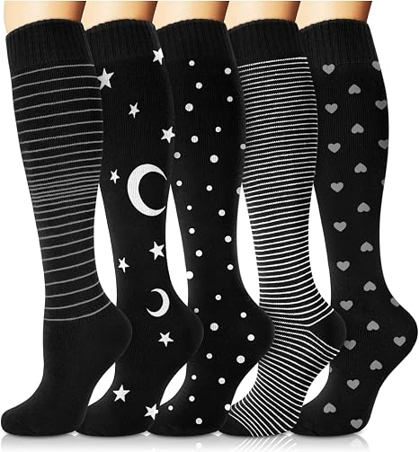 Moon Star Heart Polka Dot Striped Calf Socks for Tall Boots（5 Pairs）