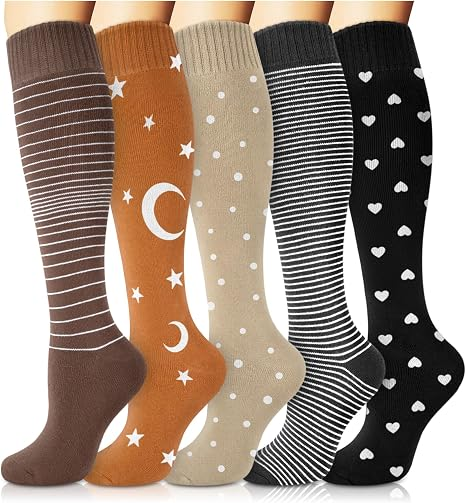 Moon Star Heart Polka Dot Striped Calf Socks for Tall Boots（5 Pairs）