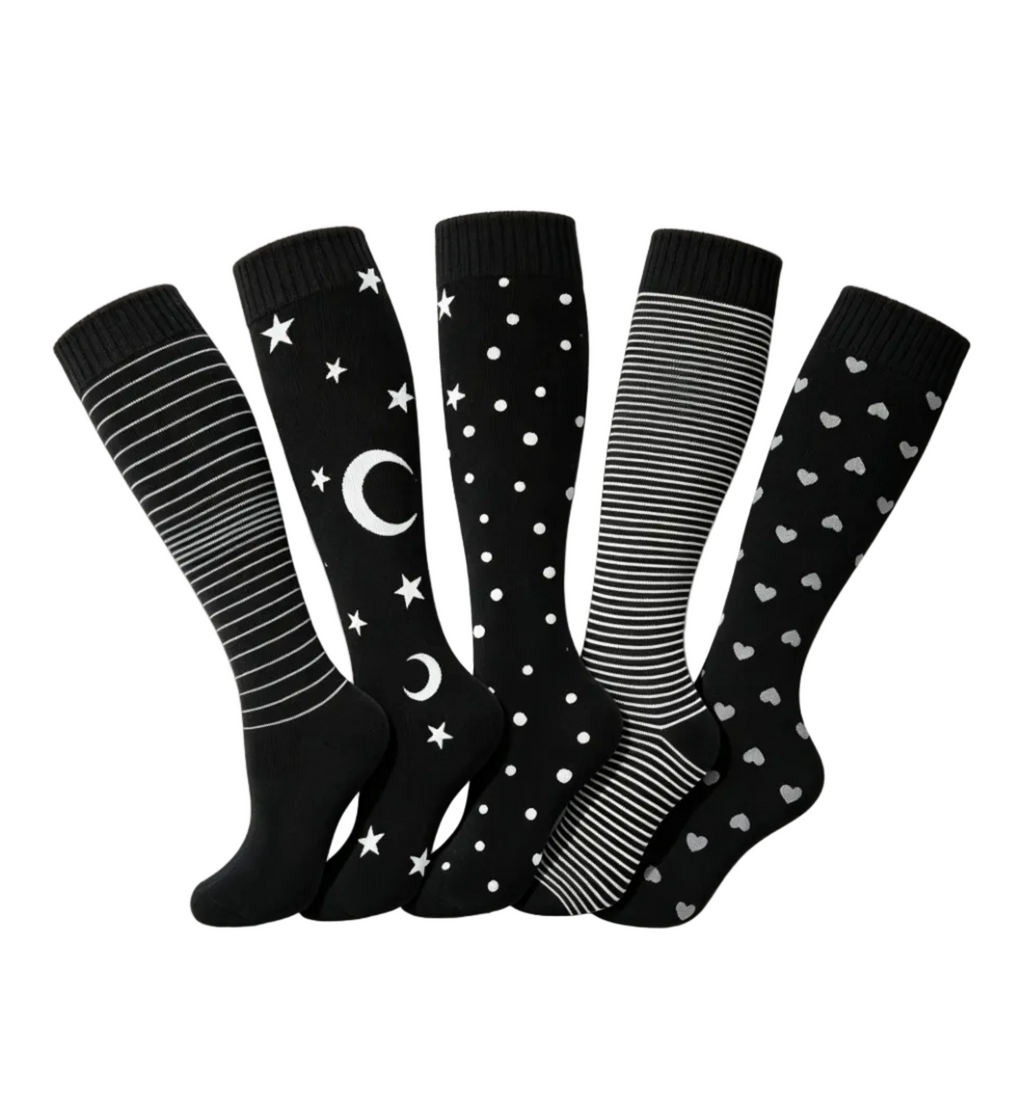 Moon Star Heart Polka Dot Striped Calf Socks for Tall Boots（5 Pairs）