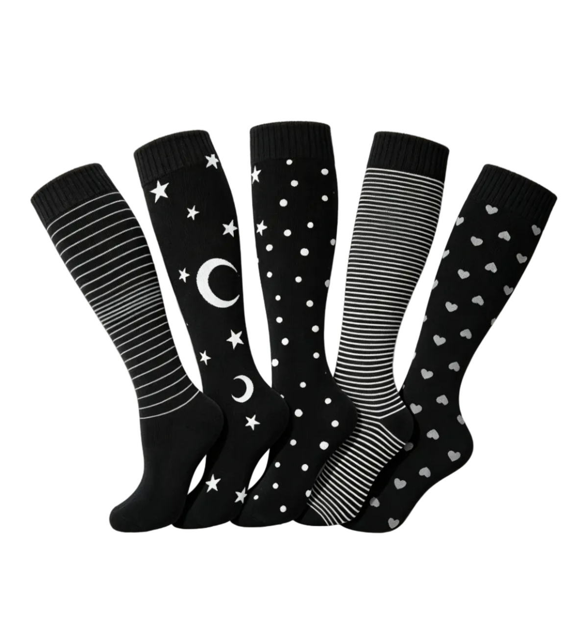 Moon Star Heart Polka Dot Striped Calf Socks for Tall Boots（5 Pairs）